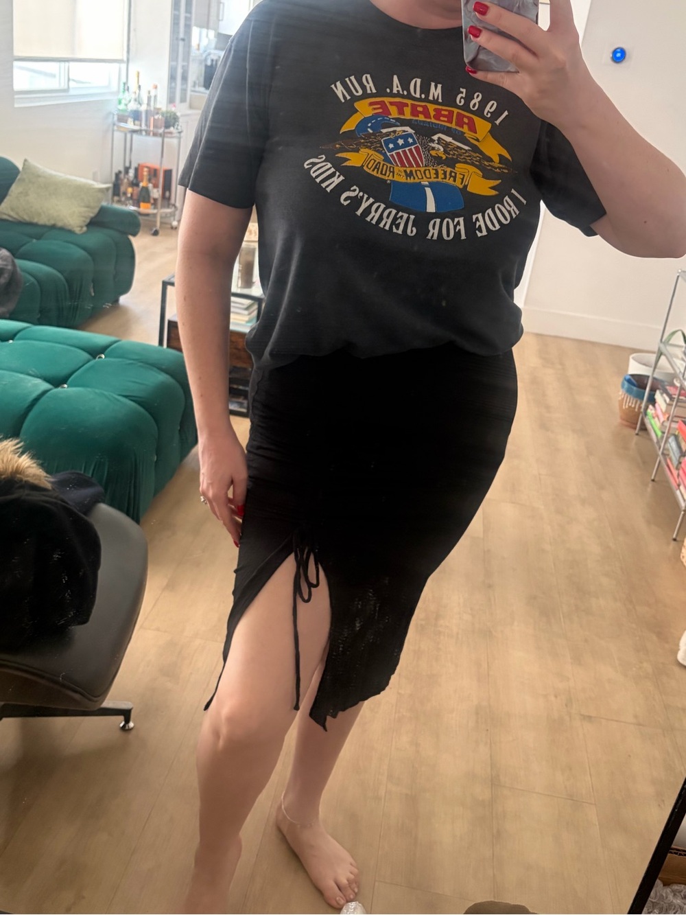 Velvet Torch Black Ruched Side-Tie Midi Skirt